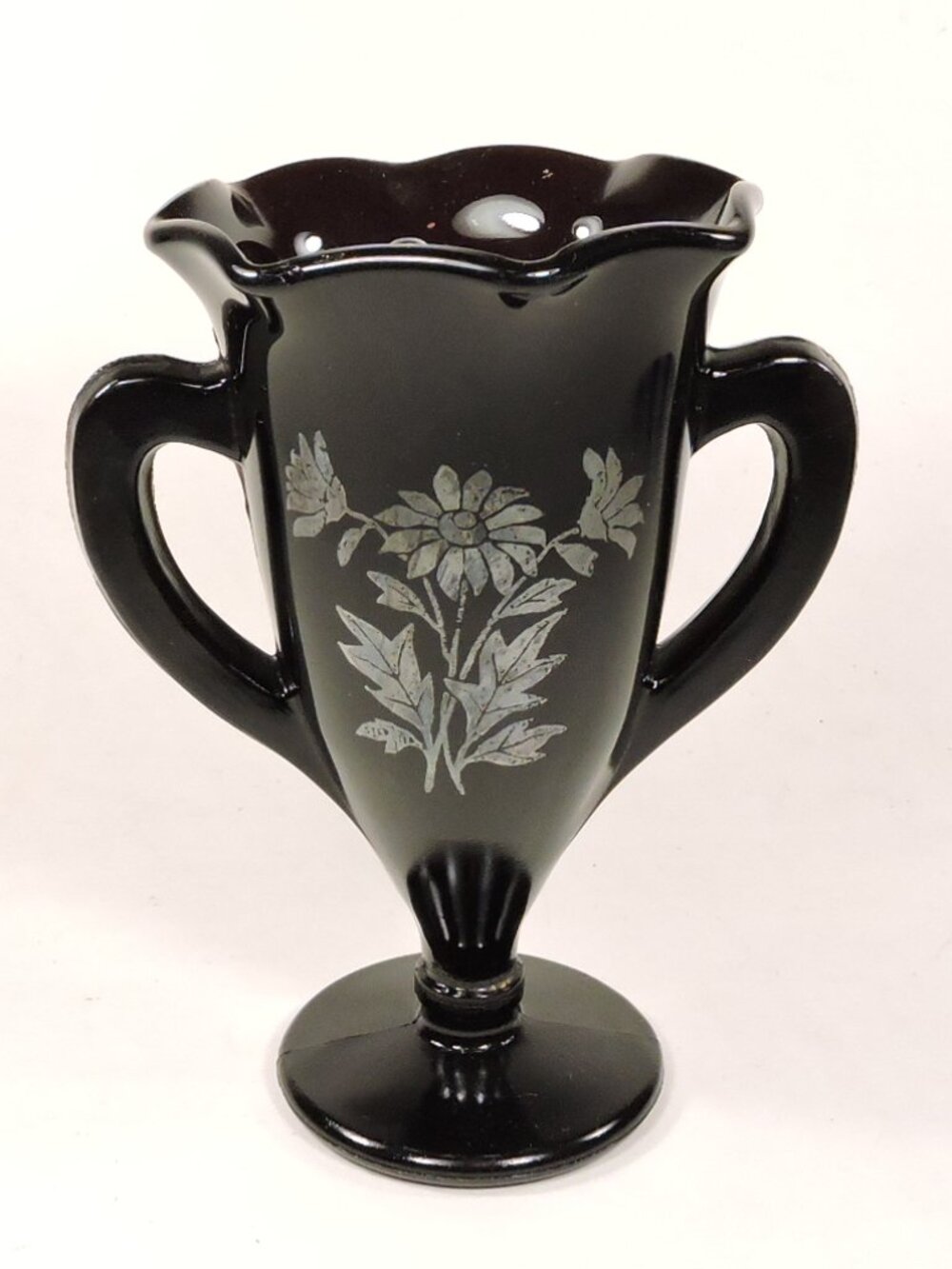 Vintage Black Amethyst Glass Trophy Vase With Silver Overlay 6" Tall